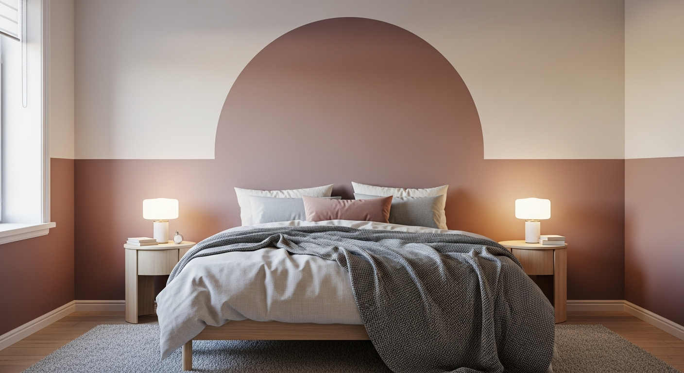 Bedroom with half-painted wall in dusty mauve showing a painted arch behind headboard in minimalist Scandinavian style
