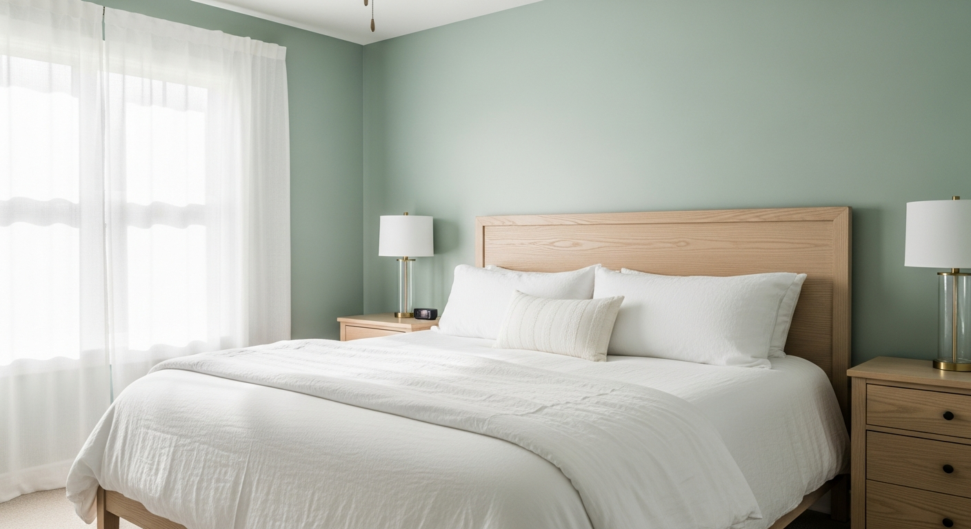 Master bedroom with calming sage green painted walls, white bedding, and natural wood furniture