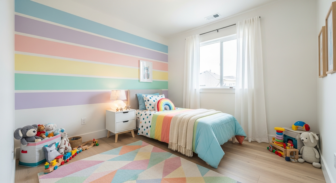 Kids bedroom with rainbow painted horizontal stripes on wall in cheerful pastel colors