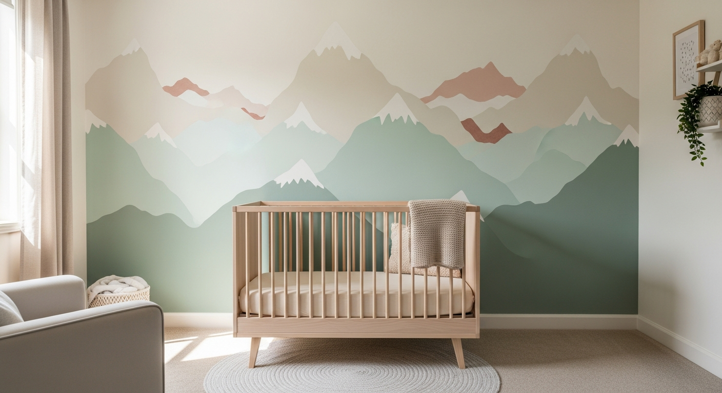 Nursery room with soft pastel mountain landscape mural painted on wall in gentle mint, sage, and cream tones