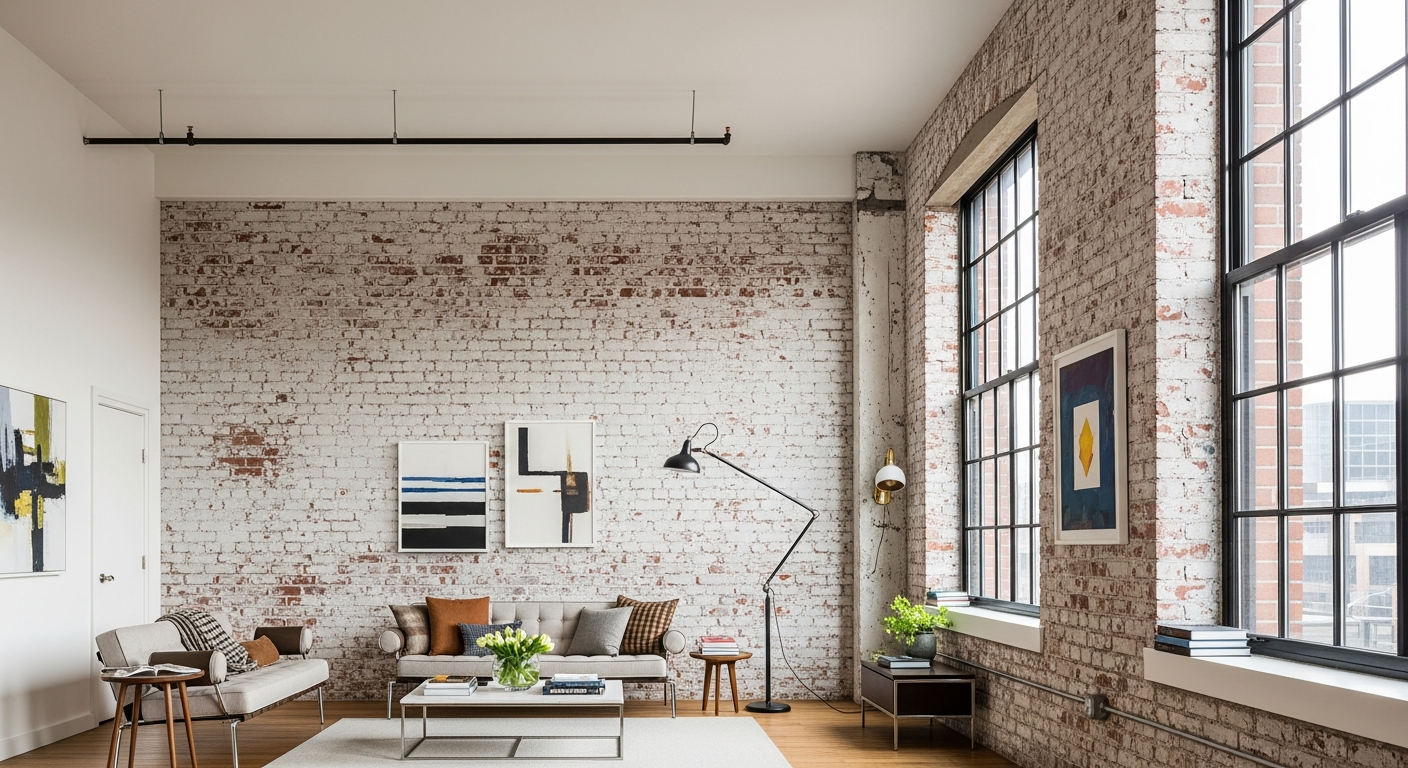 Interior exposed brick wall painted in matte white with areas of original red brick showing through in an industrial chic loft