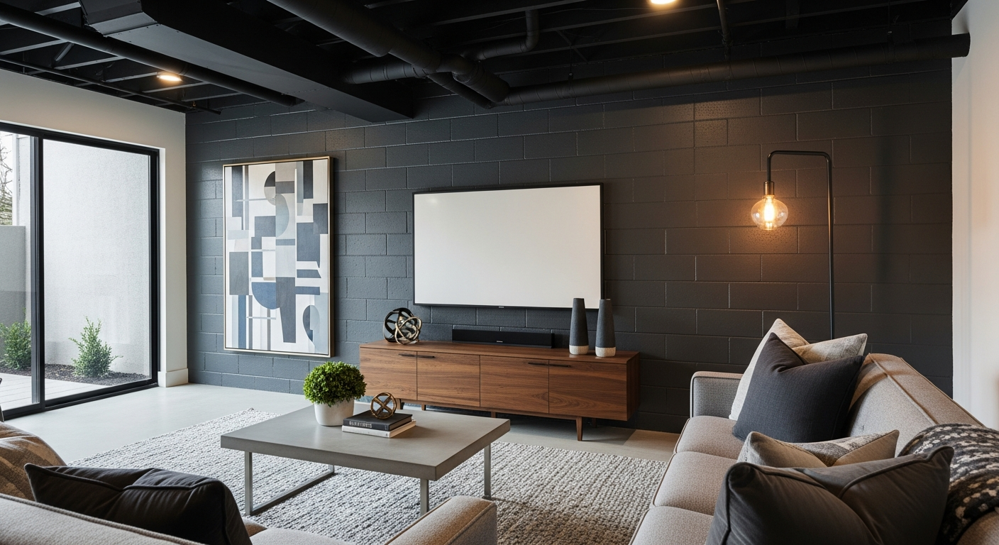 Cinder block wall painted in sleek charcoal grey with modern decor in an industrial modern space