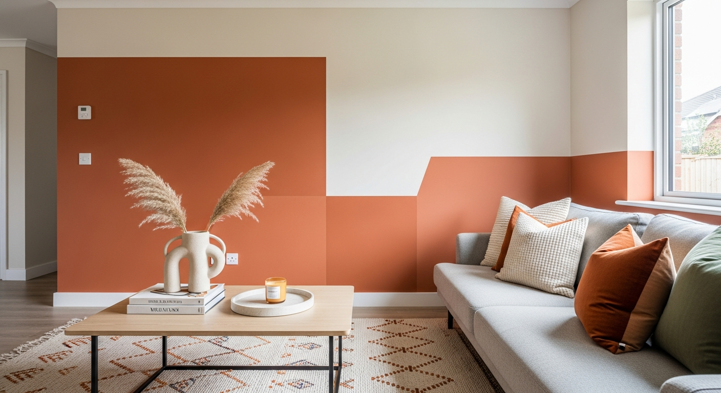 Living room accent wall with bold color blocking technique in warm terracotta and cream tones