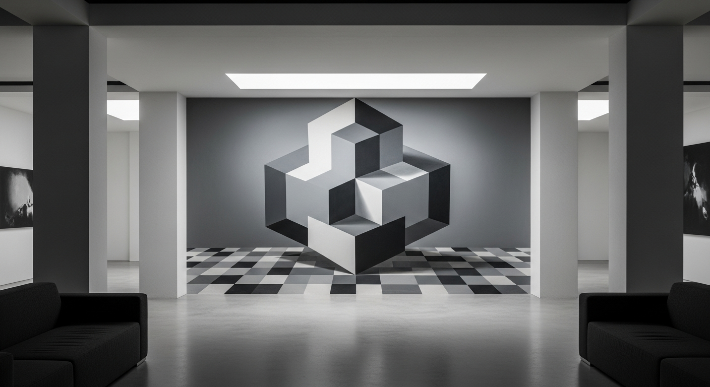 Geometric 3D cube illusion wall painting in shades of grey and black creating a dramatic optical illusion effect