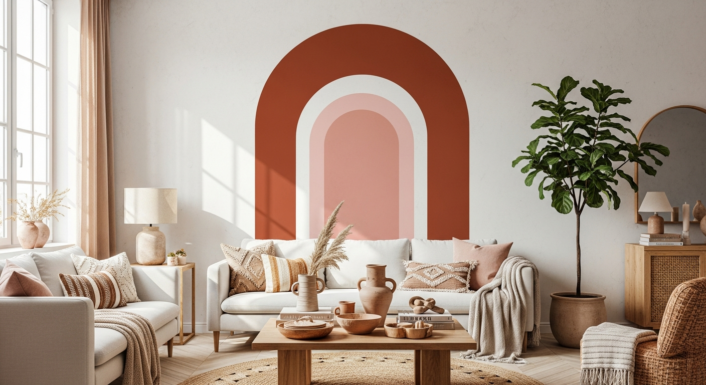 Painted arch shapes on wall in terracotta and blush pink with modern eclectic decor