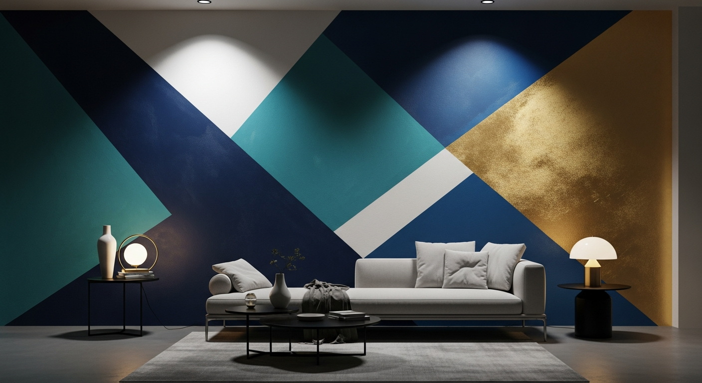 Stunning large scale geometric wall mural with intersecting shapes in navy, teal, and gold in a modern living room