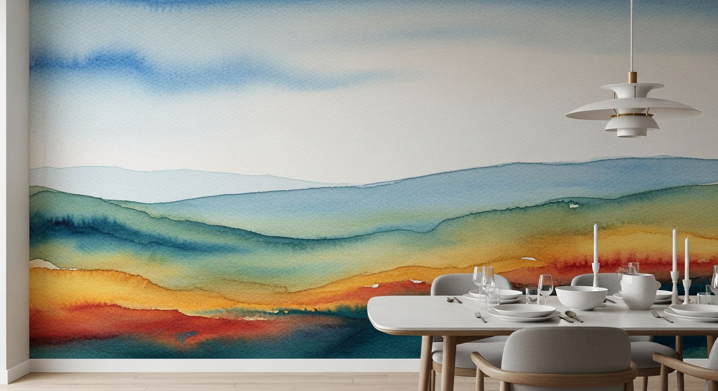 Abstract landscape wall mural in watercolor style with soft blues, greens, and earth tones in a modern dining room