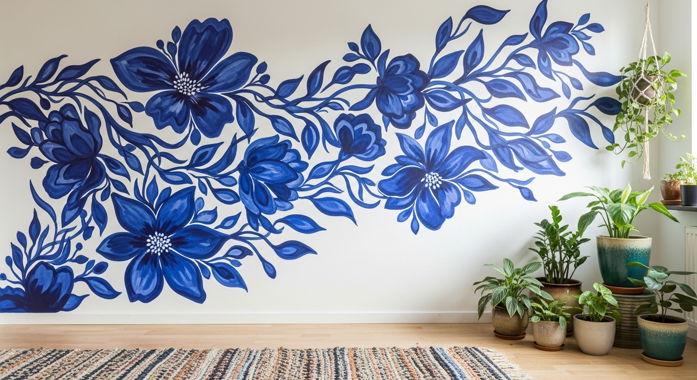 Freehand wall painting of flowing abstract floral design in deep indigo blue on white wall