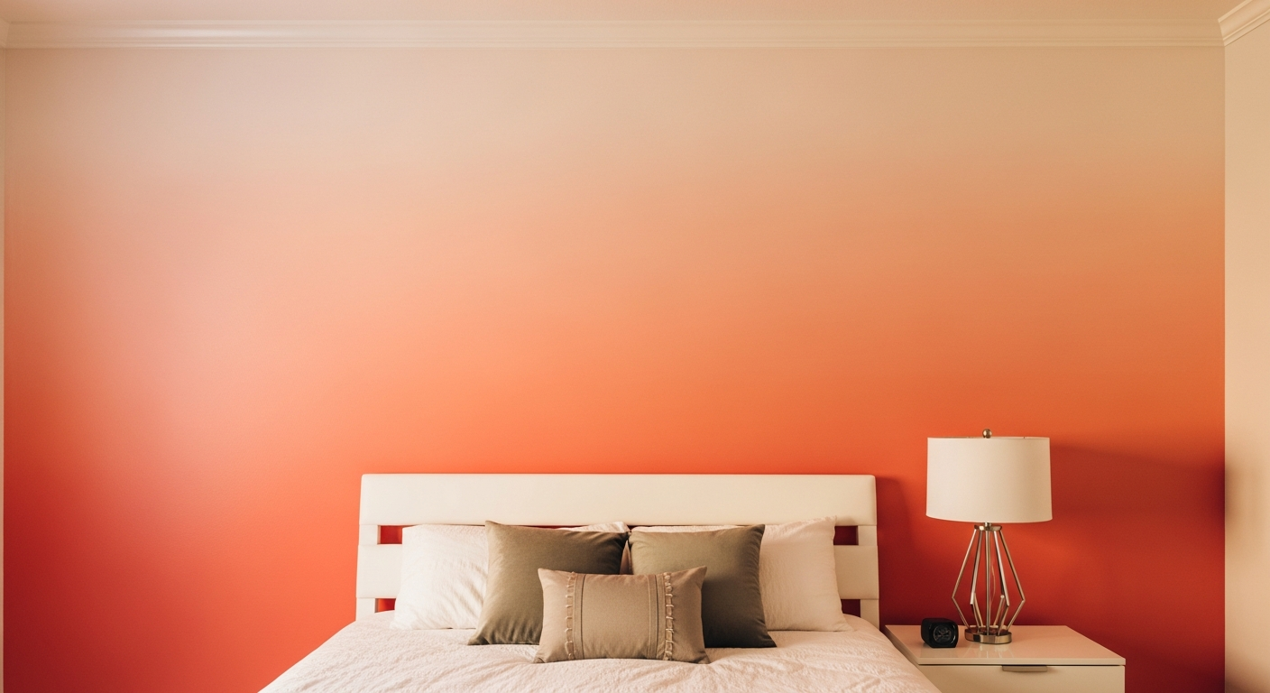 Simple ombre wall painting technique transitioning from deep coral at bottom to soft peach at top in a bedroom