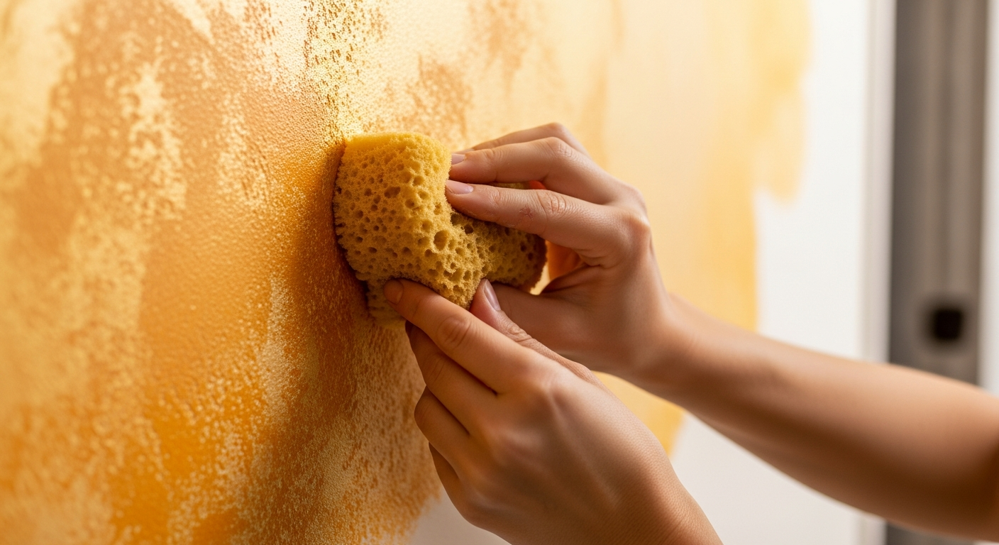 Sponge painting technique being applied to wall showing stippled texture in warm gold and amber tones
