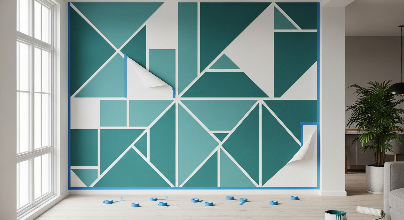 DIY wall painting with painter tape removed revealing clean geometric pattern in teal and white