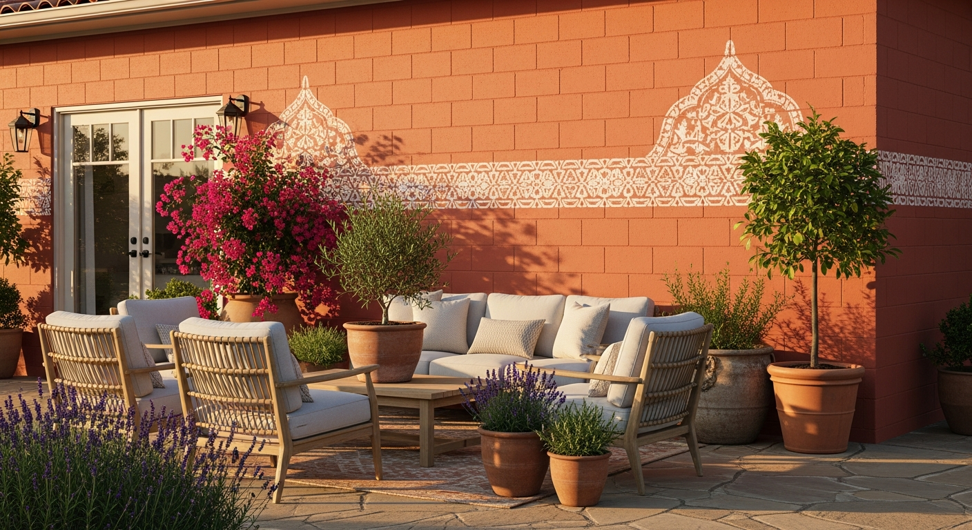 Exterior cinder block wall painted in warm terracotta with decorative stencil pattern and Mediterranean style patio