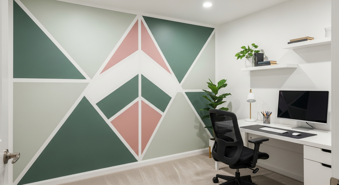 Geometric wall painting design with tape technique showing triangles and chevron patterns in sage green and dusty pink