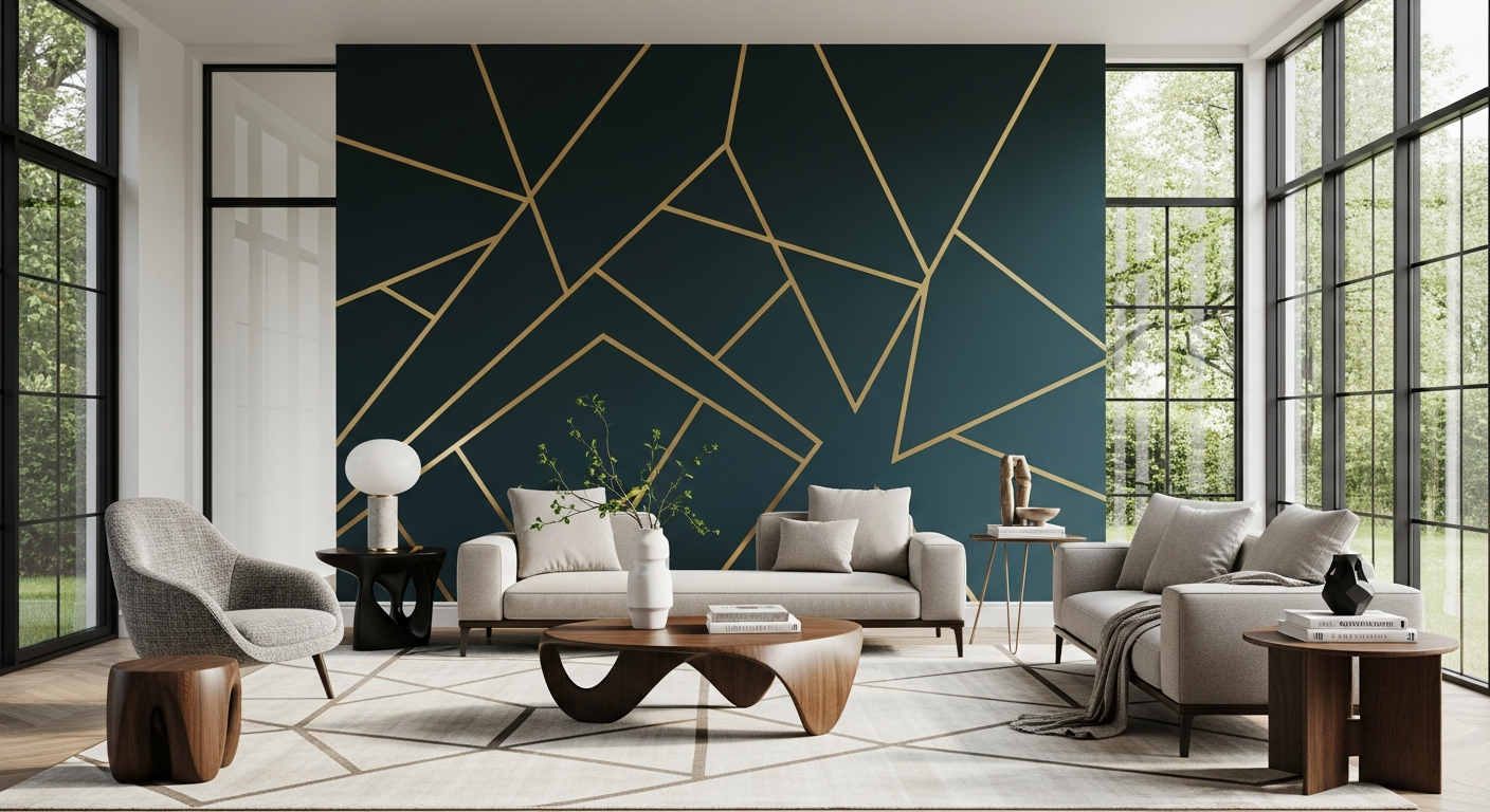 Modern living room with creative geometric accent wall painting in teal and gold tones
