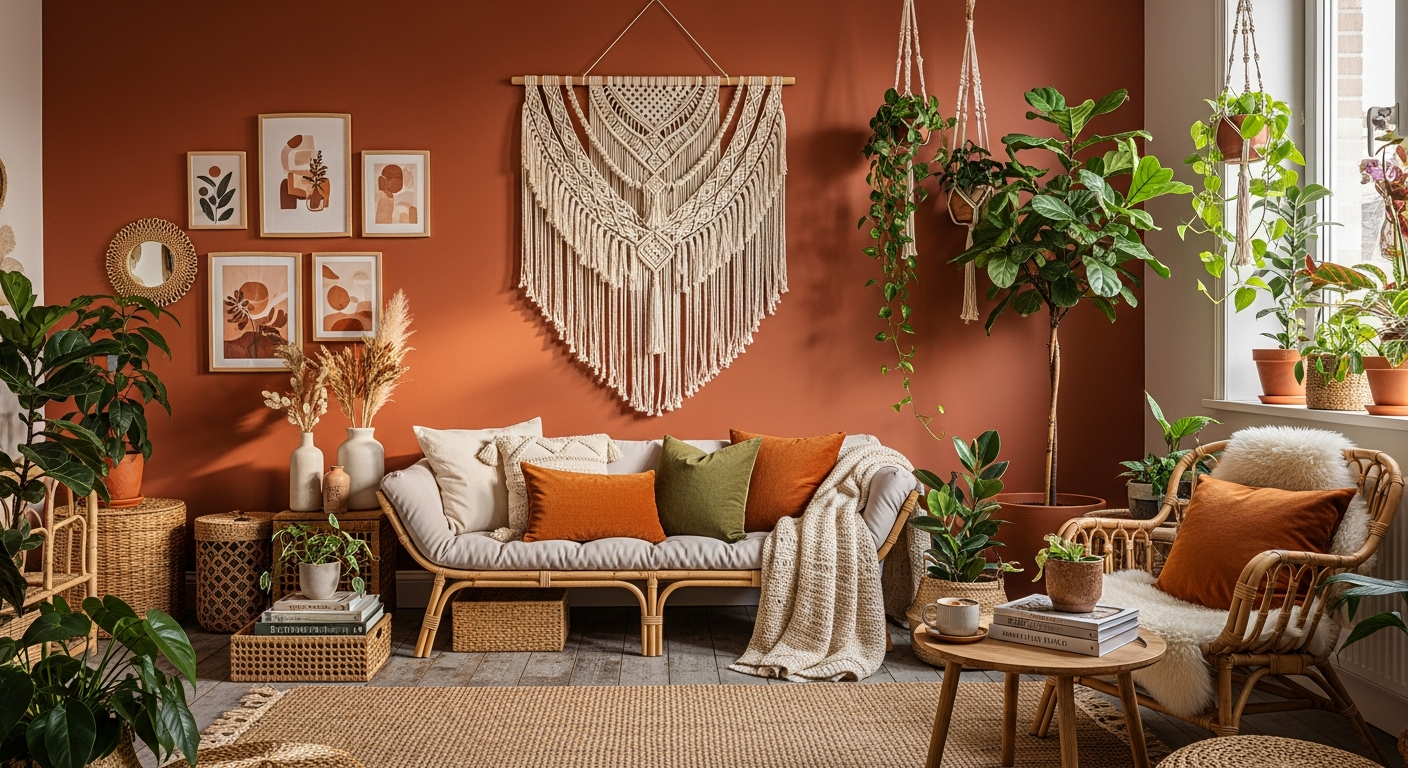Boho style living room with warm terracotta painted wall, macrame decor, and rattan furniture