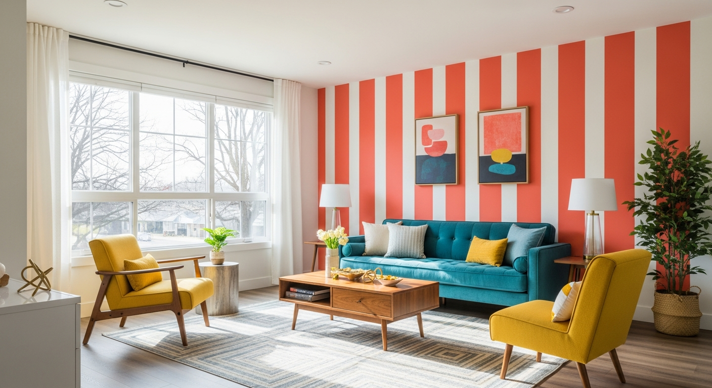 Living room accent wall with bold coral and white horizontal stripes creating a mid-century modern aesthetic