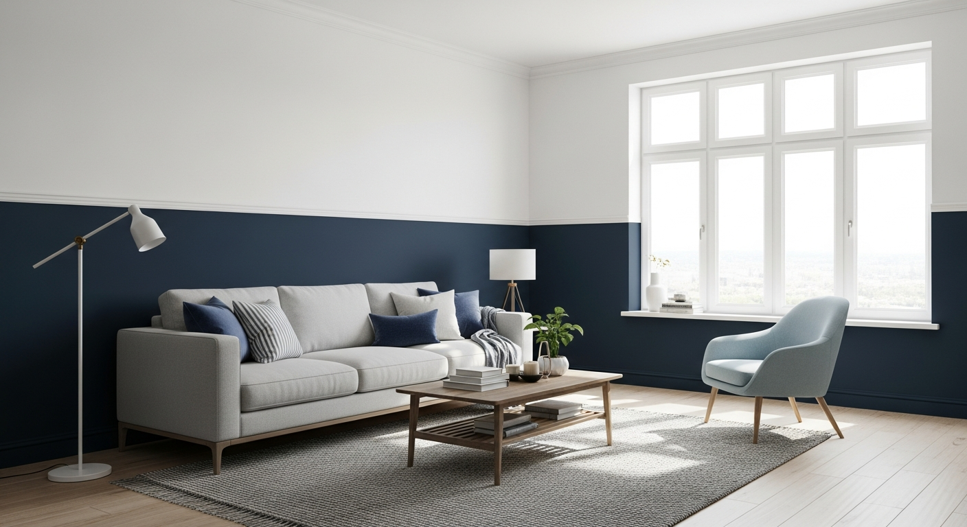Living room with elegant two-tone wall painting in deep navy and crisp white with modern chair rail