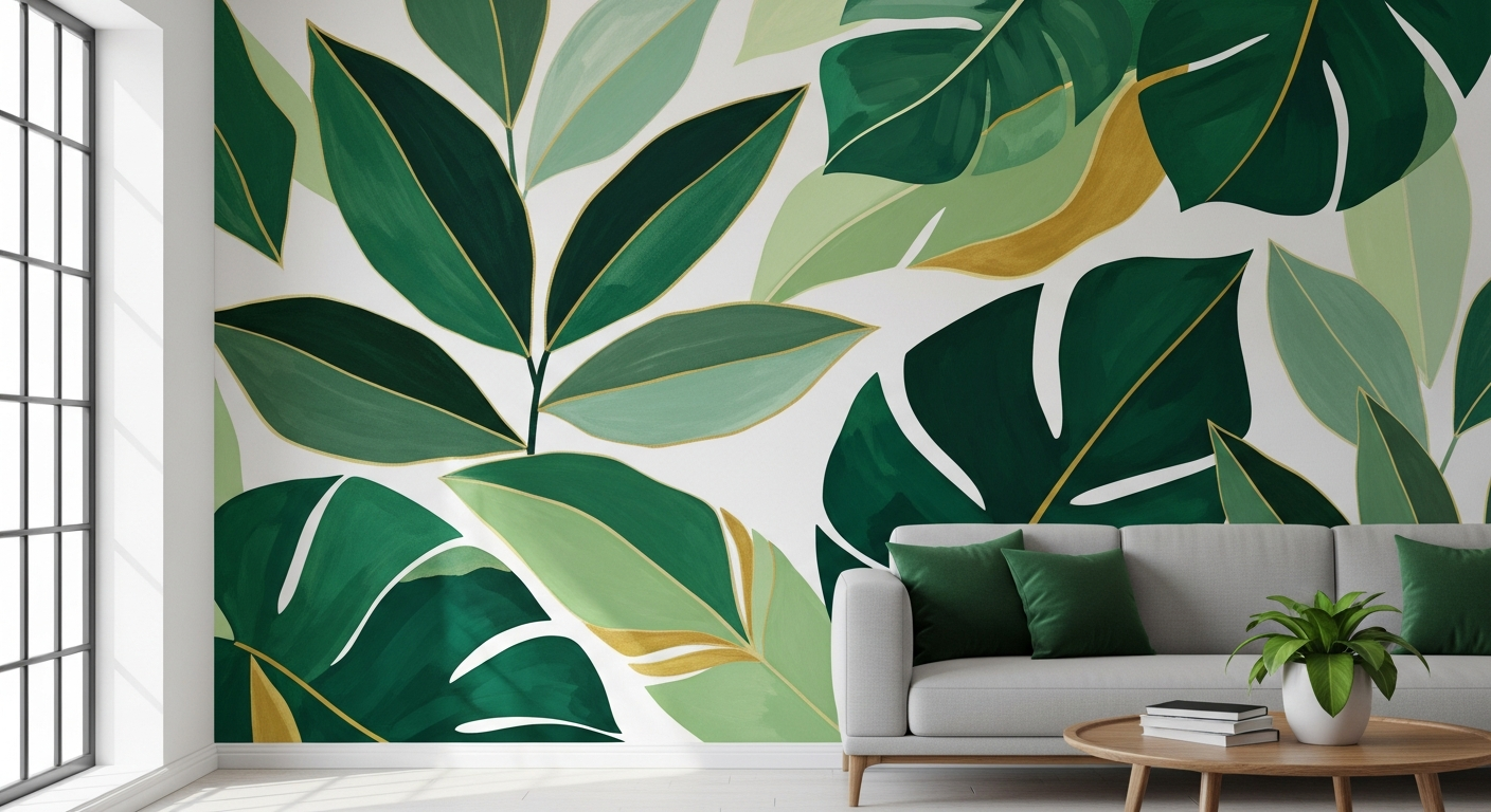 Stunning wall mural of abstract botanical design with large emerald green leaves on white wall in a modern living space