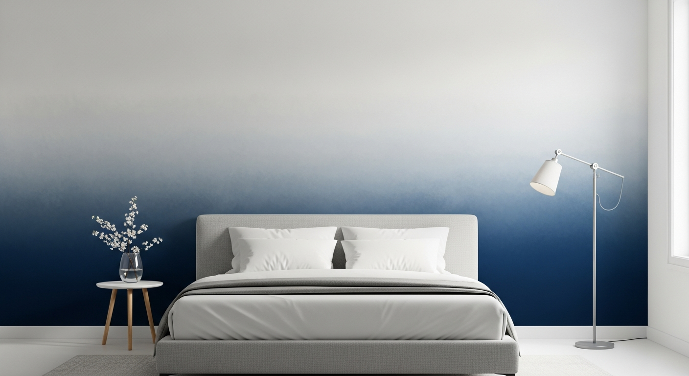 Elegant ombre wall painting transitioning from deep navy blue to soft white in a minimalist bedroom