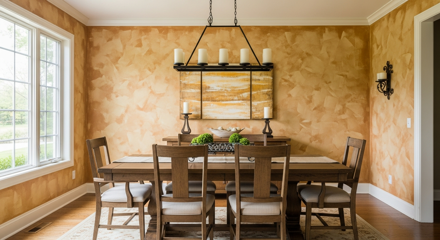 Sponge painting wall technique showing textured finish in warm gold and amber tones in a rustic dining room