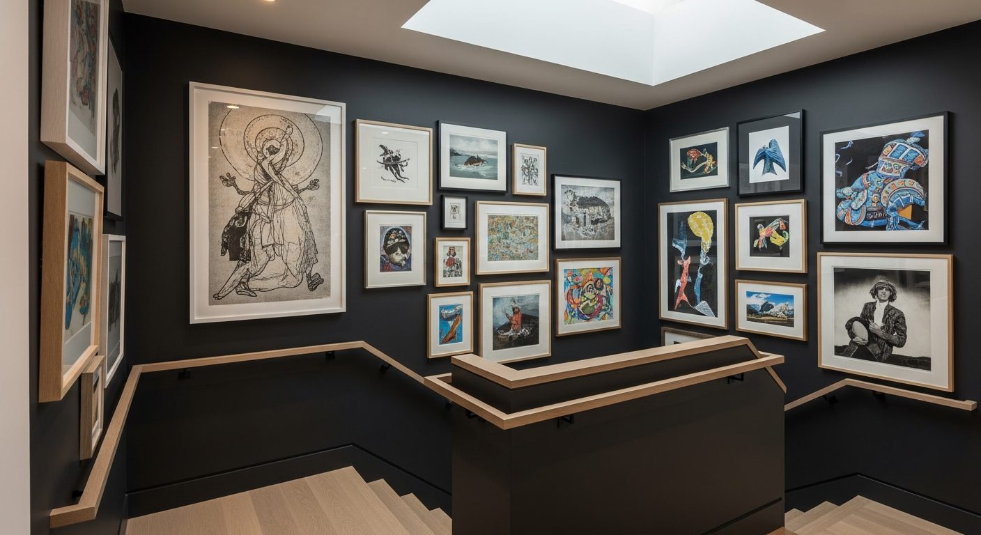Dramatic dark charcoal painted staircase wall with gallery art and modern wooden steps