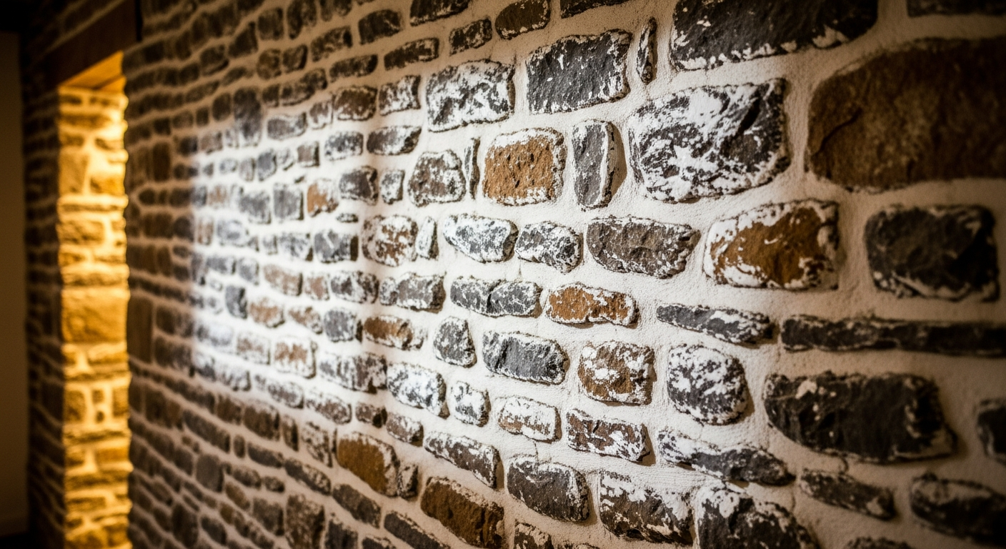 Natural stone wall with whitewash paint technique showing texture through semi-transparent finish in rustic farmhouse interior