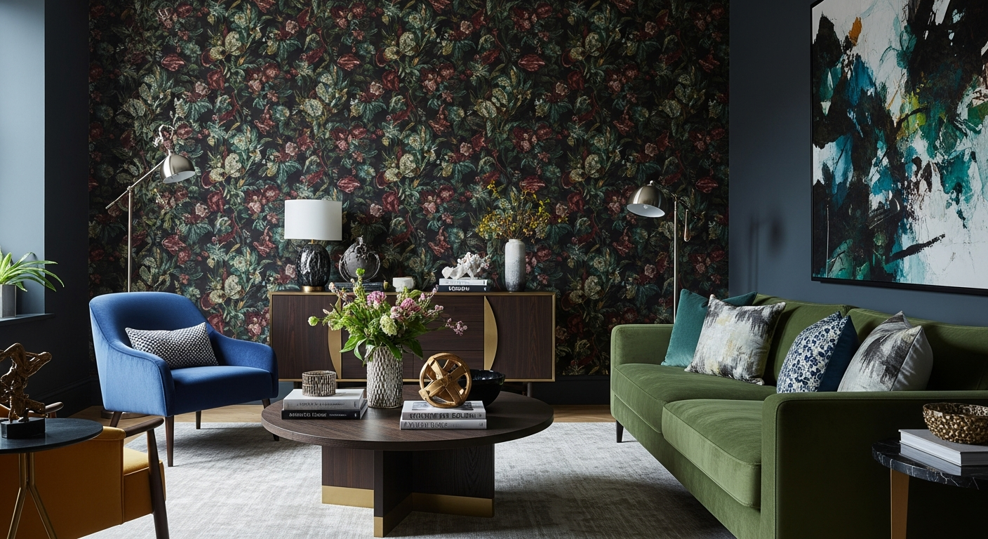 Bold floral wallpaper accent wall in a contemporary living room showcasing the 2026 wallpaper revival