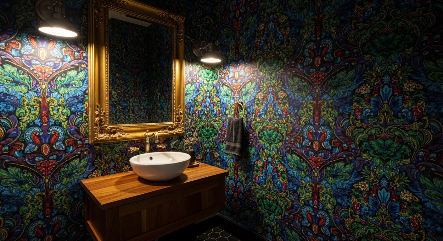 Bold maximalist wallpaper covering all walls in a stylish powder room with ornate mirror