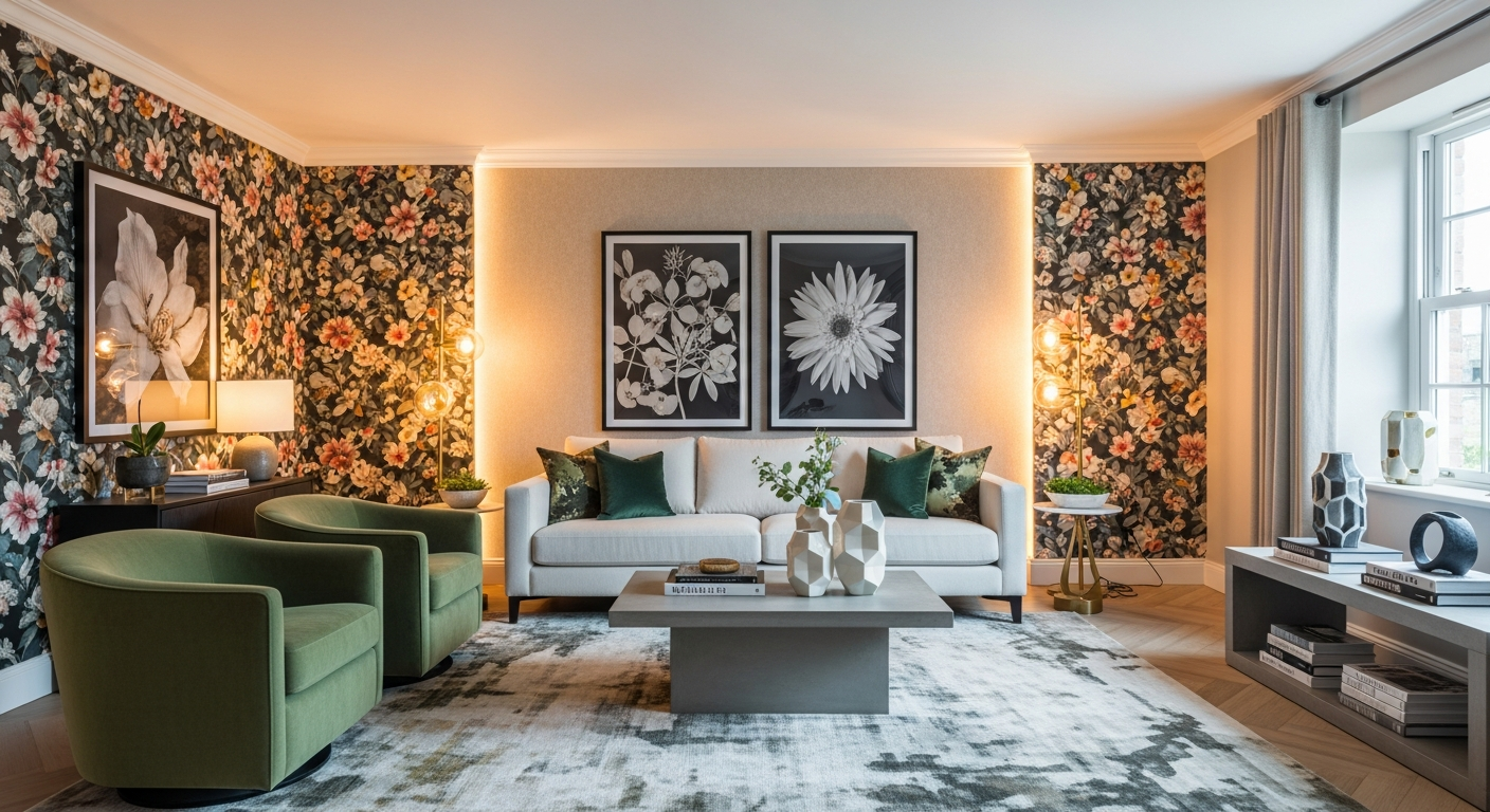 Beautiful room showcasing 2026 wallpaper trends with bold patterns and rich textures