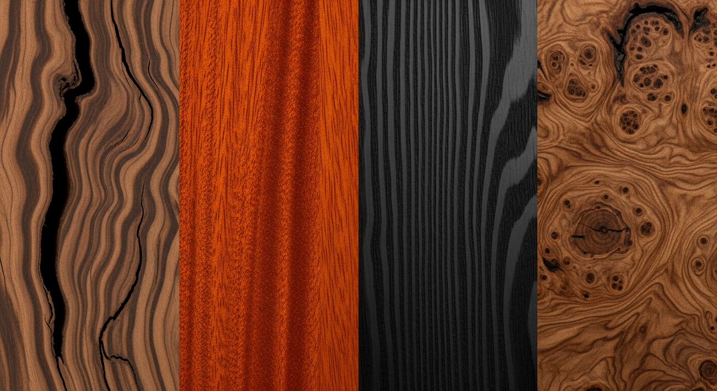 Close-up comparison of walnut, mahogany, smoked oak, and burl wood grain patterns