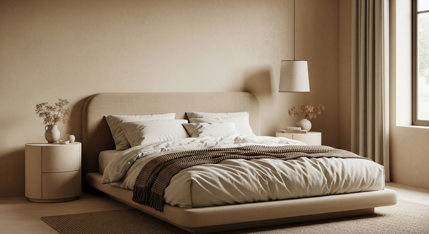 Warm minimalist bedroom with organic textures, cream palette, and soft edges