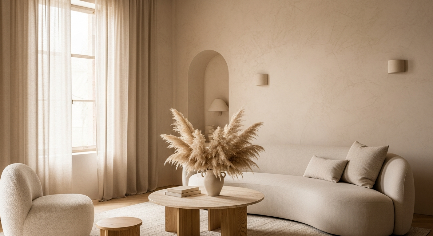 Beautiful warm minimalist living space with limewash walls, organic curves, and natural materials