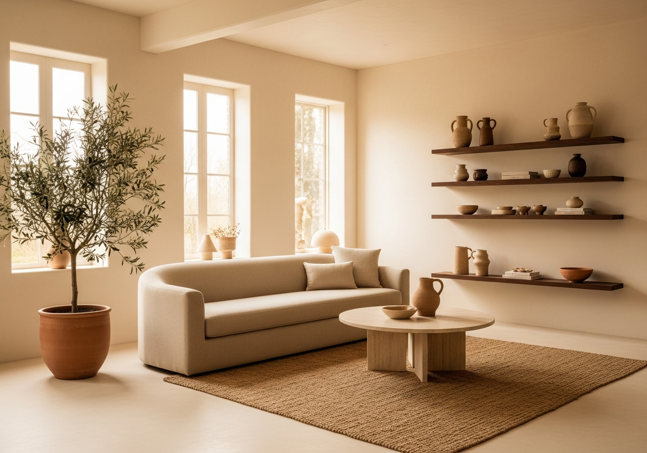 Warm minimalist living room with limewash walls, curved linen sofa, travertine coffee table, and olive tree