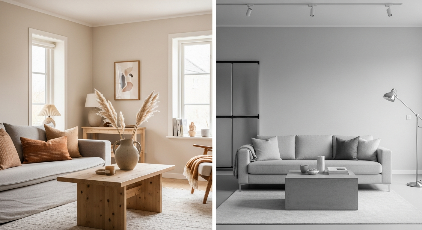 Comparison of warm neutrals versus cool neutrals in interior design showing clay, taupe, and cream tones