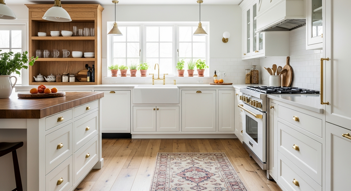 White kitchen with wood accents, brass hardware, and plants