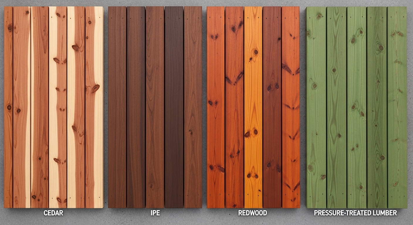 Different wood decking types showing grain and color variations